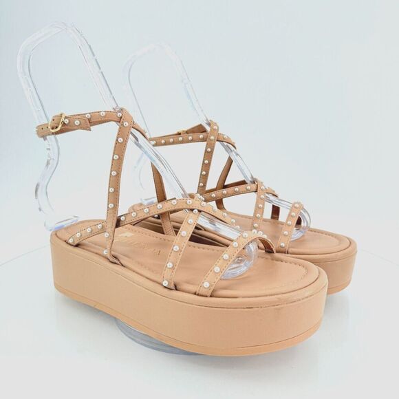 Stuart Weitzman Summerlift Pearl Platform Strappy Sandal Round Toe Beige Sz 6.5 - Picture 1 of 16